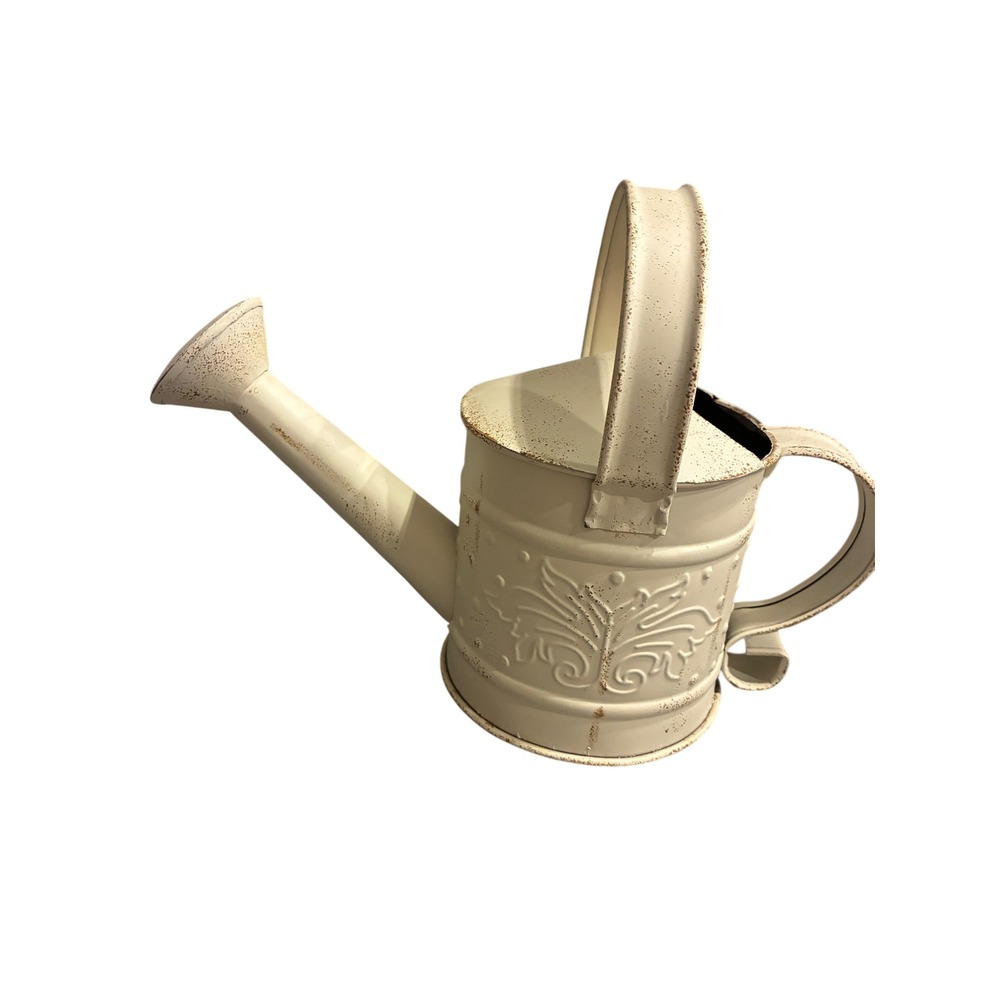 Vintage Farmhouse Cream Metal Watering Can Embossed Floral Distressed Decor 8in